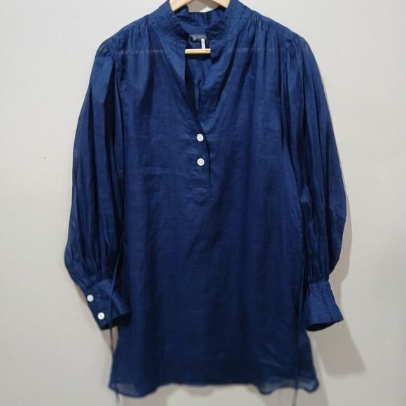 Banana Republic Dress Womens Large Blue Long Sleeve Soft Shirred Ramie Buttons - Picture 13 of 13